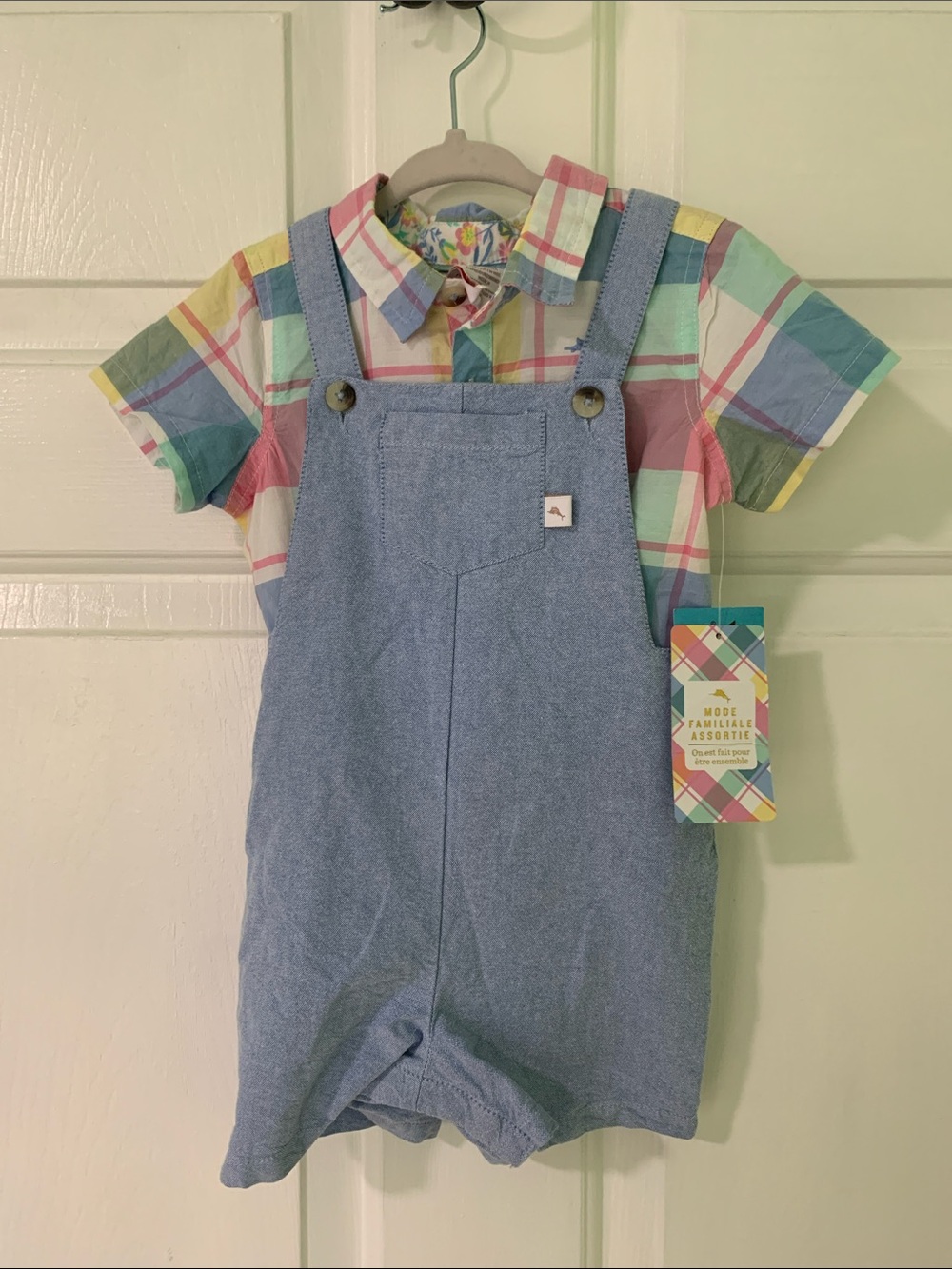 NWT Tommy Bahama Blue Chambray Shortalls with Pastel Plaid Shirt 24M